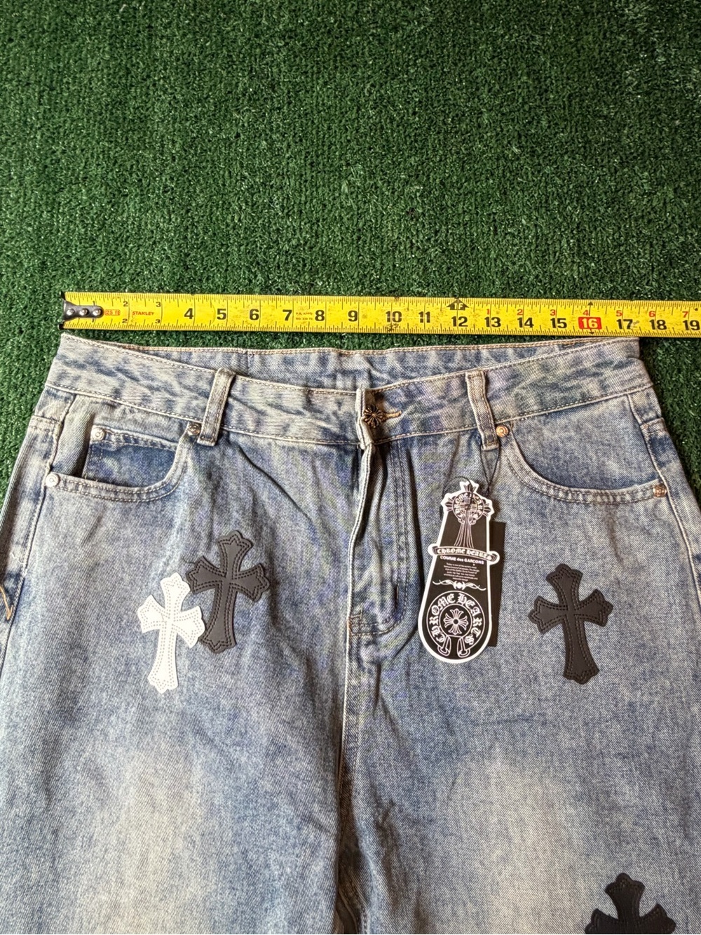 Light Blue Men’s Straight Denim Jeans with Black & White Cross Patches - Picture 11 of 11